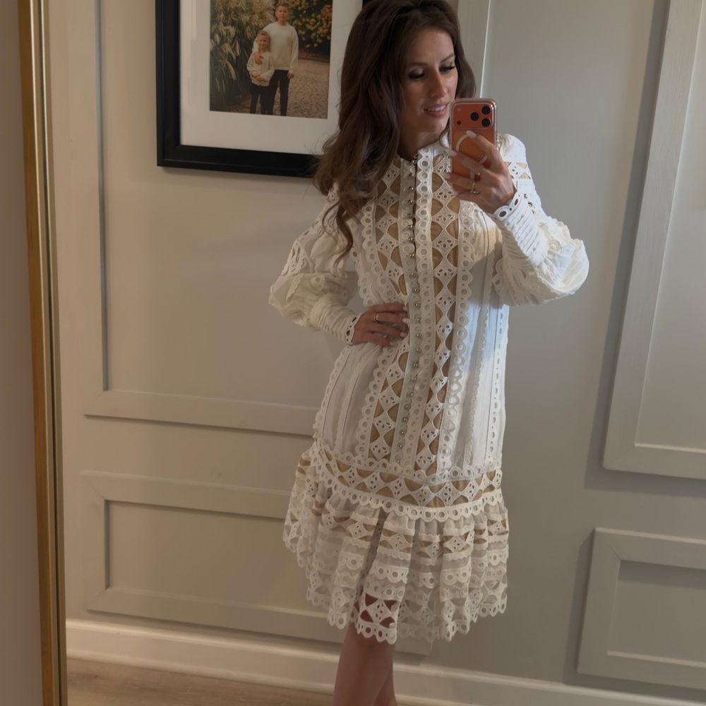 Women's White Lace Midi Dress - High Neck, Long Sleeve